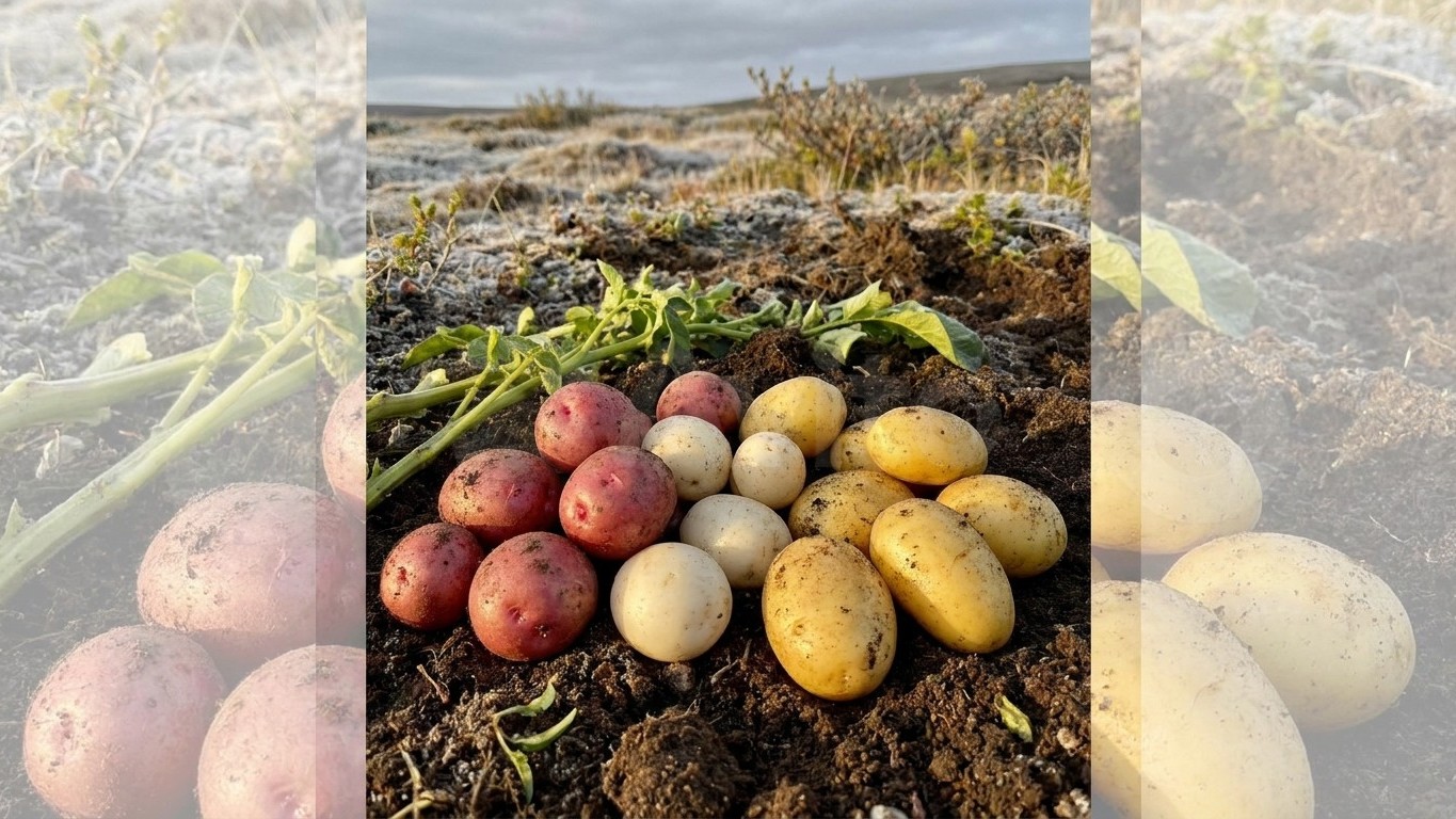 A harvest display of different potato varieties arranged on dark soil with growing plants visible in the background.