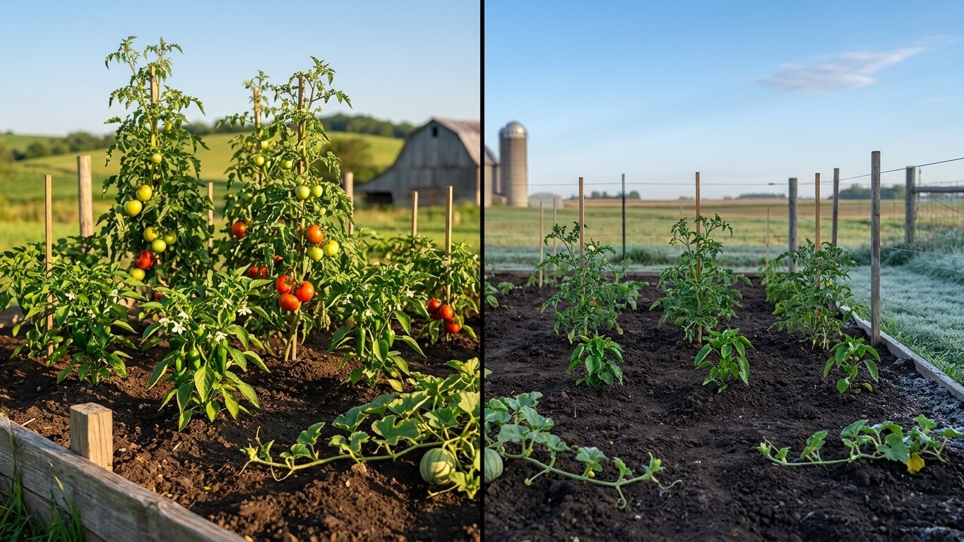 Vegetable garden with raised beds containing staked tomato plants bearing red fruit, with a rural farmstead visible in the background.