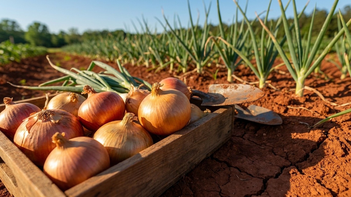 Freshly harvested golden onions displayed in a wooden crate on red agricultural soil with growing onion plants visible in the background.