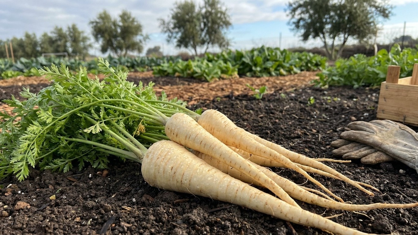 Freshly harvested parsnips with attached green foliage lying on dark garden soil in a vegetable field.
