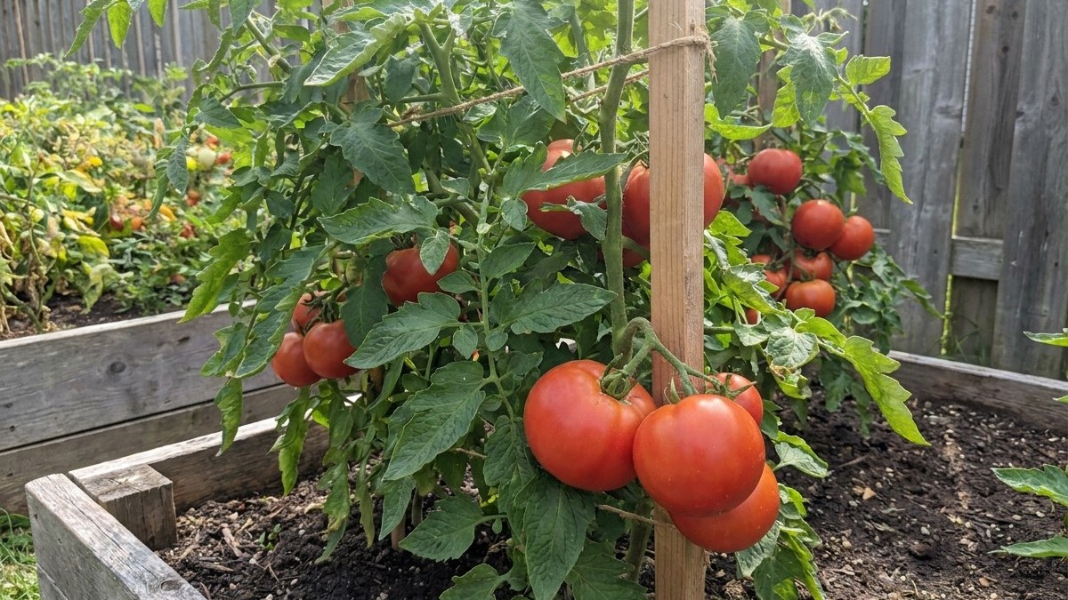 A thriving vegetable garden with multiple ripe red tomatoes clustered on staked vines in a wooden raised bed.