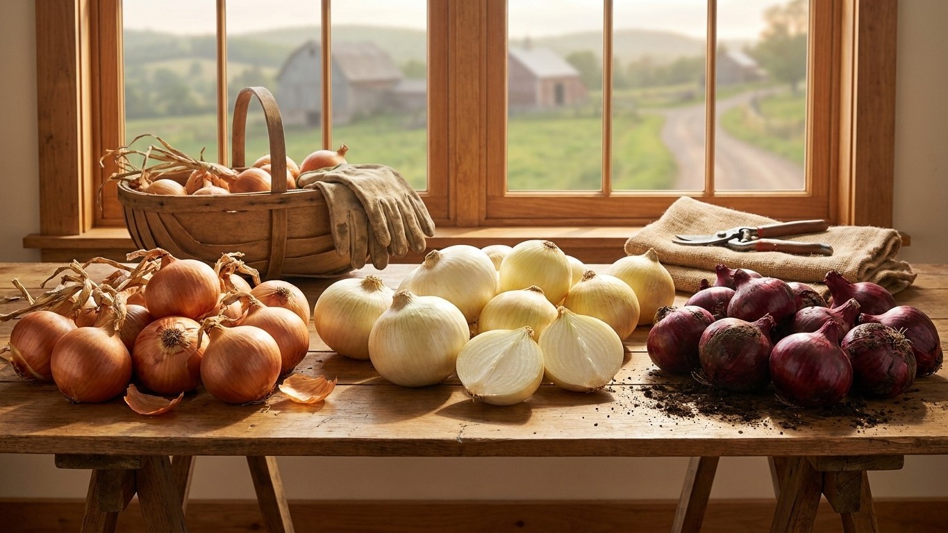 A rustic still life displays yellow, white, and red onion varieties with a woven basket on a wooden table beside a large window overlooking farmland.
