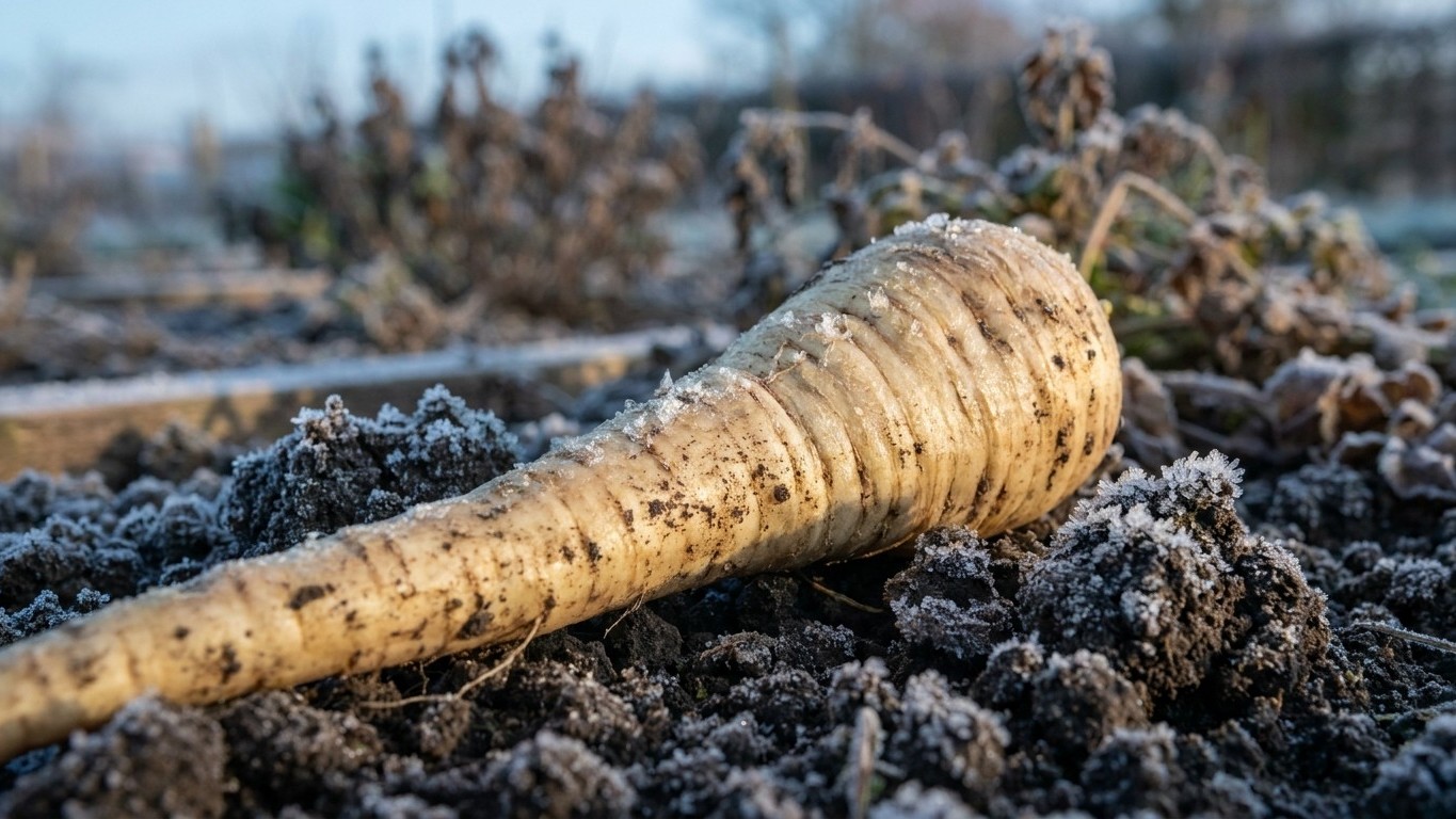 A frost-covered parsnip root lies on frozen soil with dormant plants visible in the winter garden background.