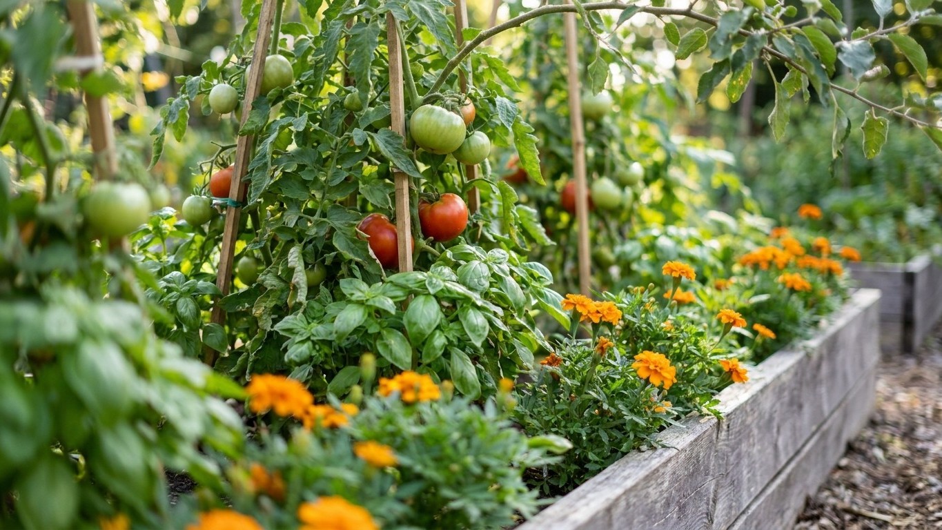 A summer vegetable garden bed features ripening tomato plants with red and green fruit, supported by stakes, interspersed with golden marigold companion flowers.