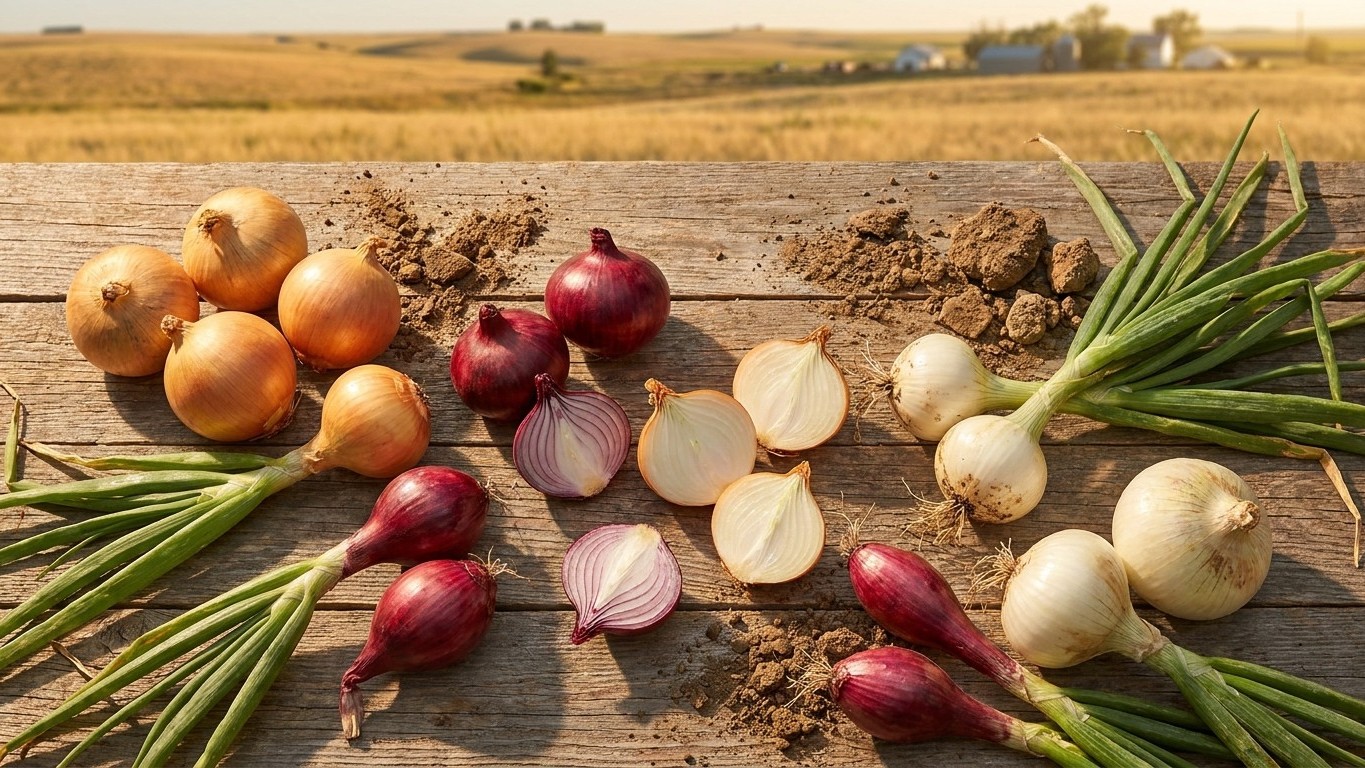 Freshly harvested onions in red, yellow, and white varieties arranged on a wooden surface with soil and green stalks, with a farm field visible in the background.