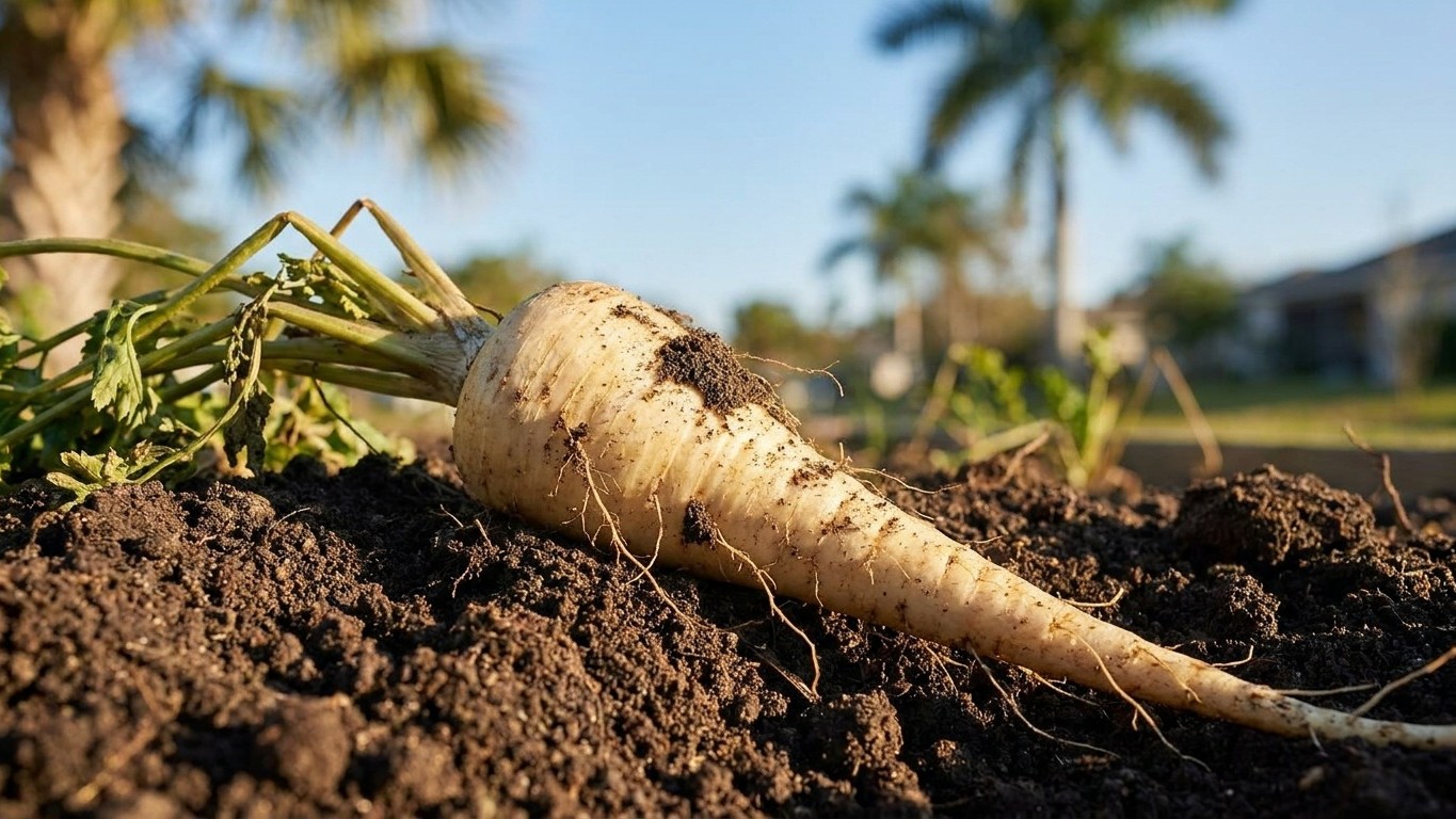 A freshly harvested parsnip root lies in dark garden soil with its green leafy top still attached, photographed in bright sunlight with palm trees visible in the blurred background.