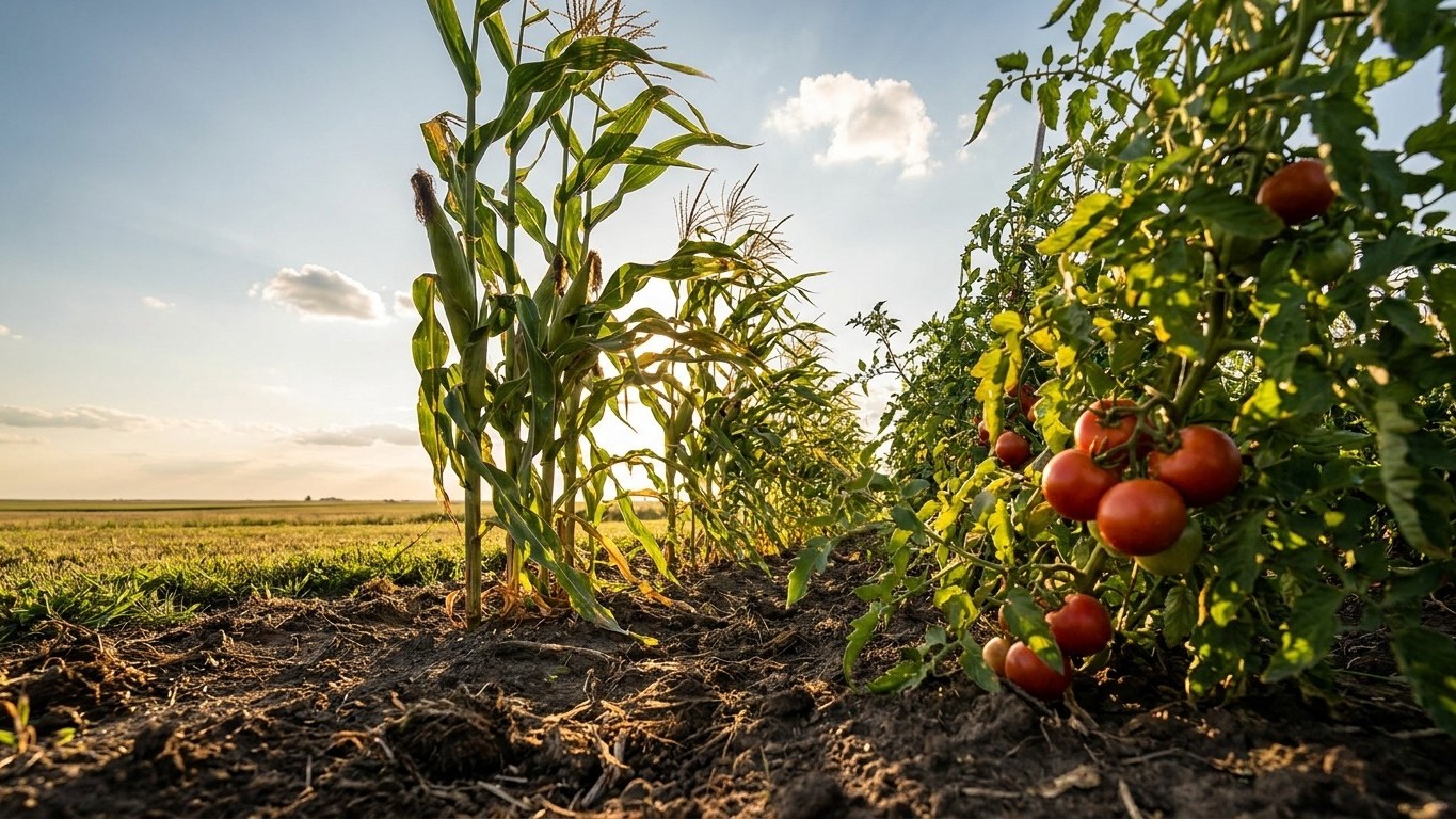 A productive vegetable garden showing mature corn stalks and tomato plants laden with ripe red fruit under bright summer sunlight.