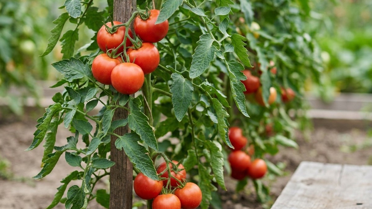 Cluster of ripe red tomatoes growing on a supported vine with healthy green foliage in a garden setting.