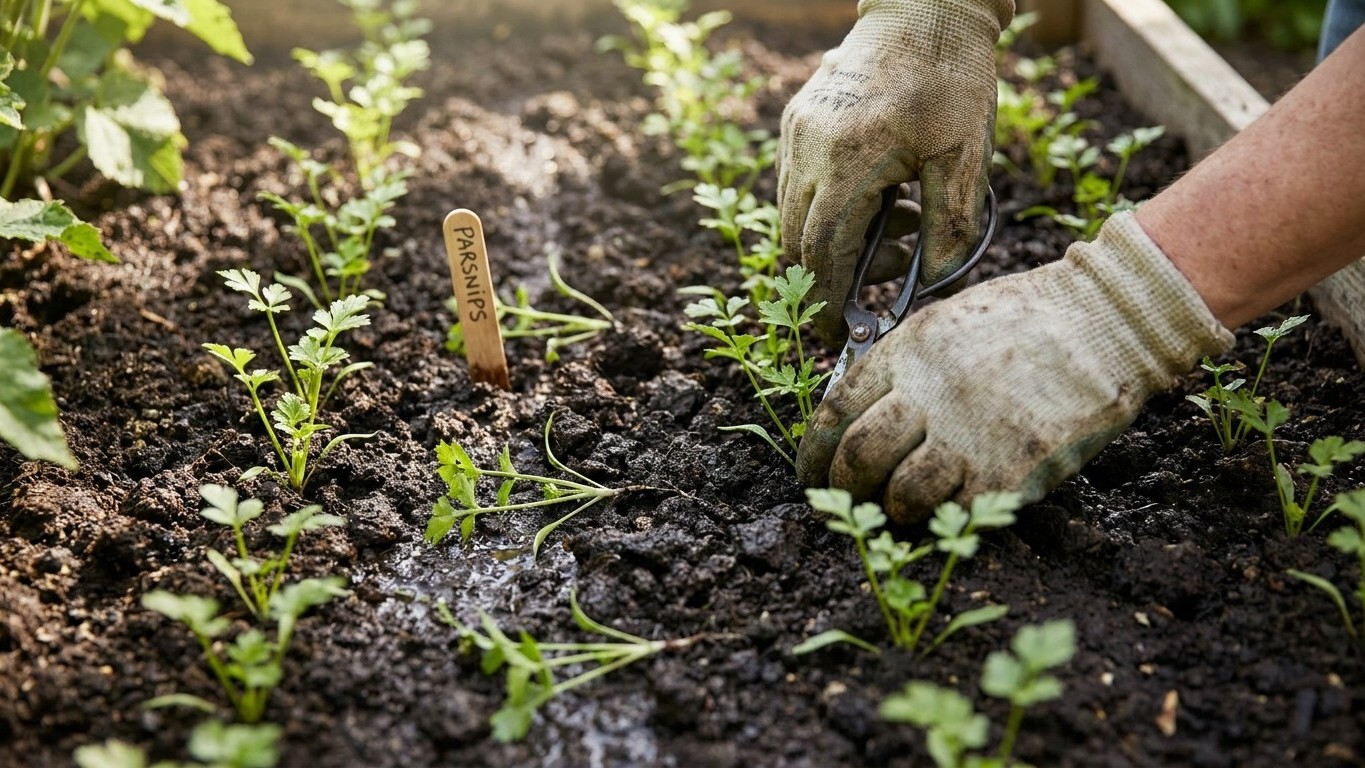 Thinning Parsnips: Three to Six Inches