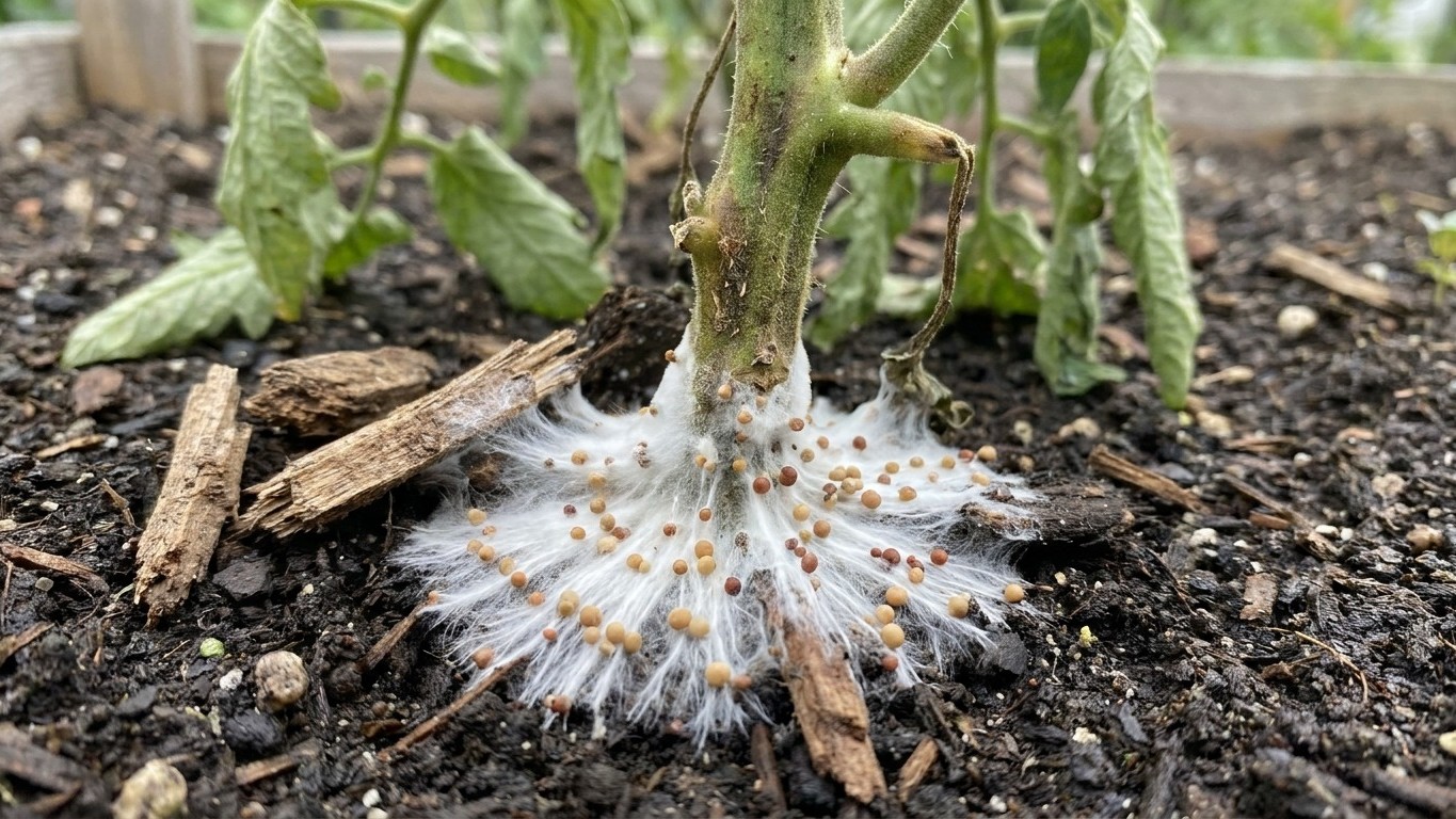 Southern Blight: The White Fan at the Base of the Stem