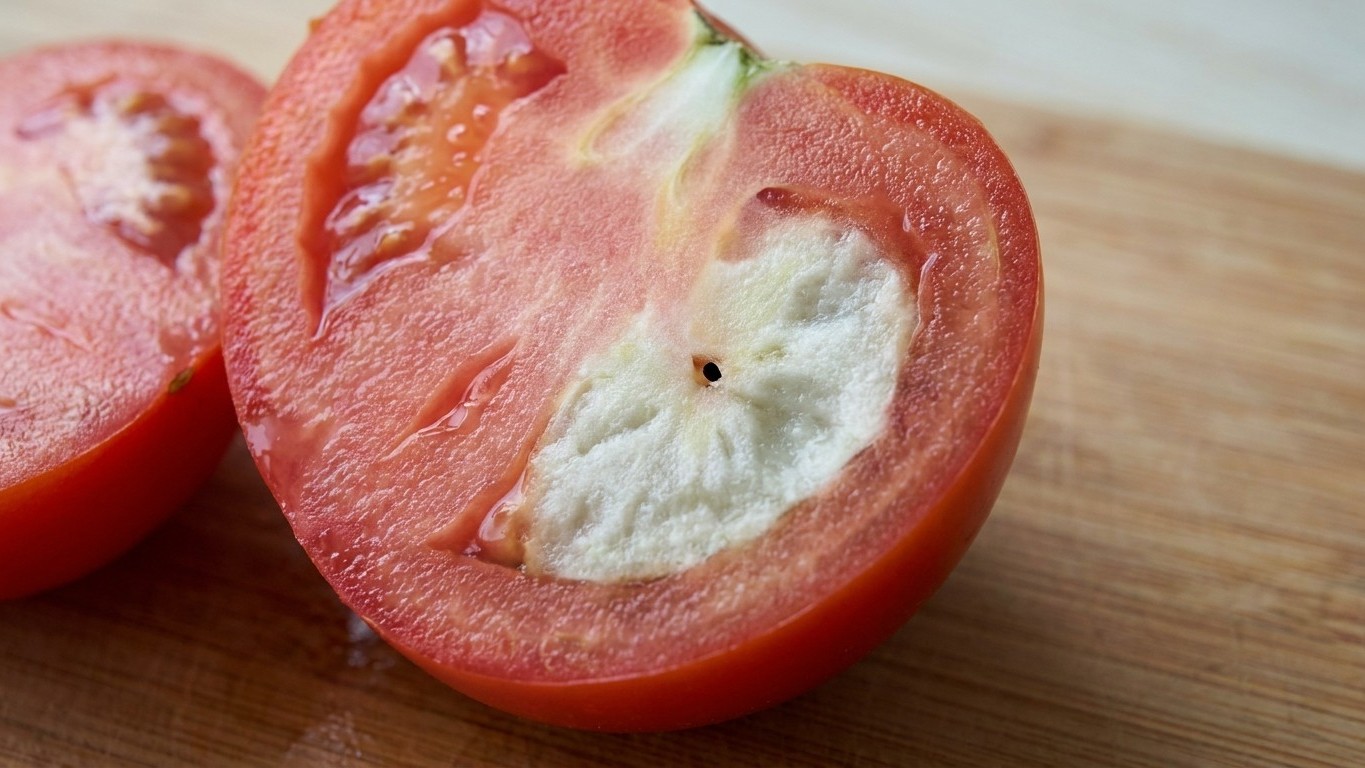 Stink Bugs: Pale Cloudy Patches Under the Skin of a Ripe Tomato