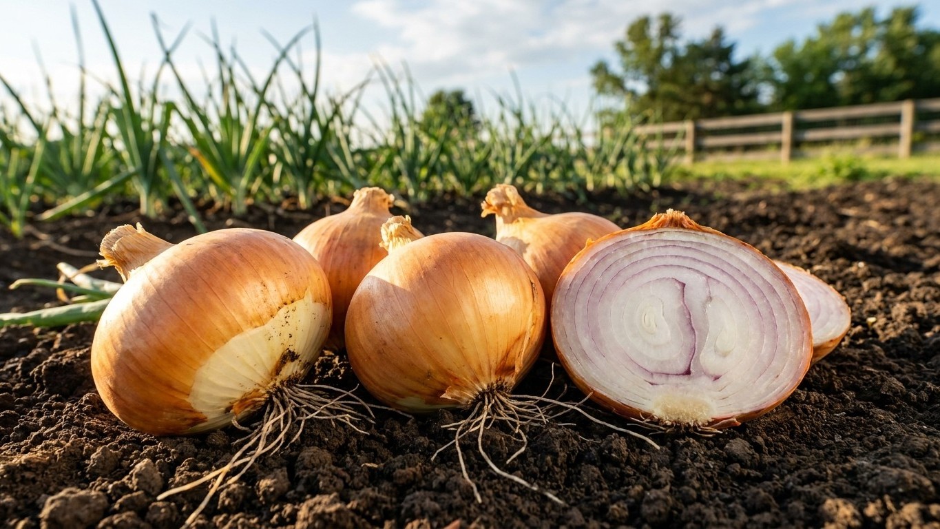 Freshly harvested onions with soil and roots displayed in a garden setting with fence and grass visible in the background.