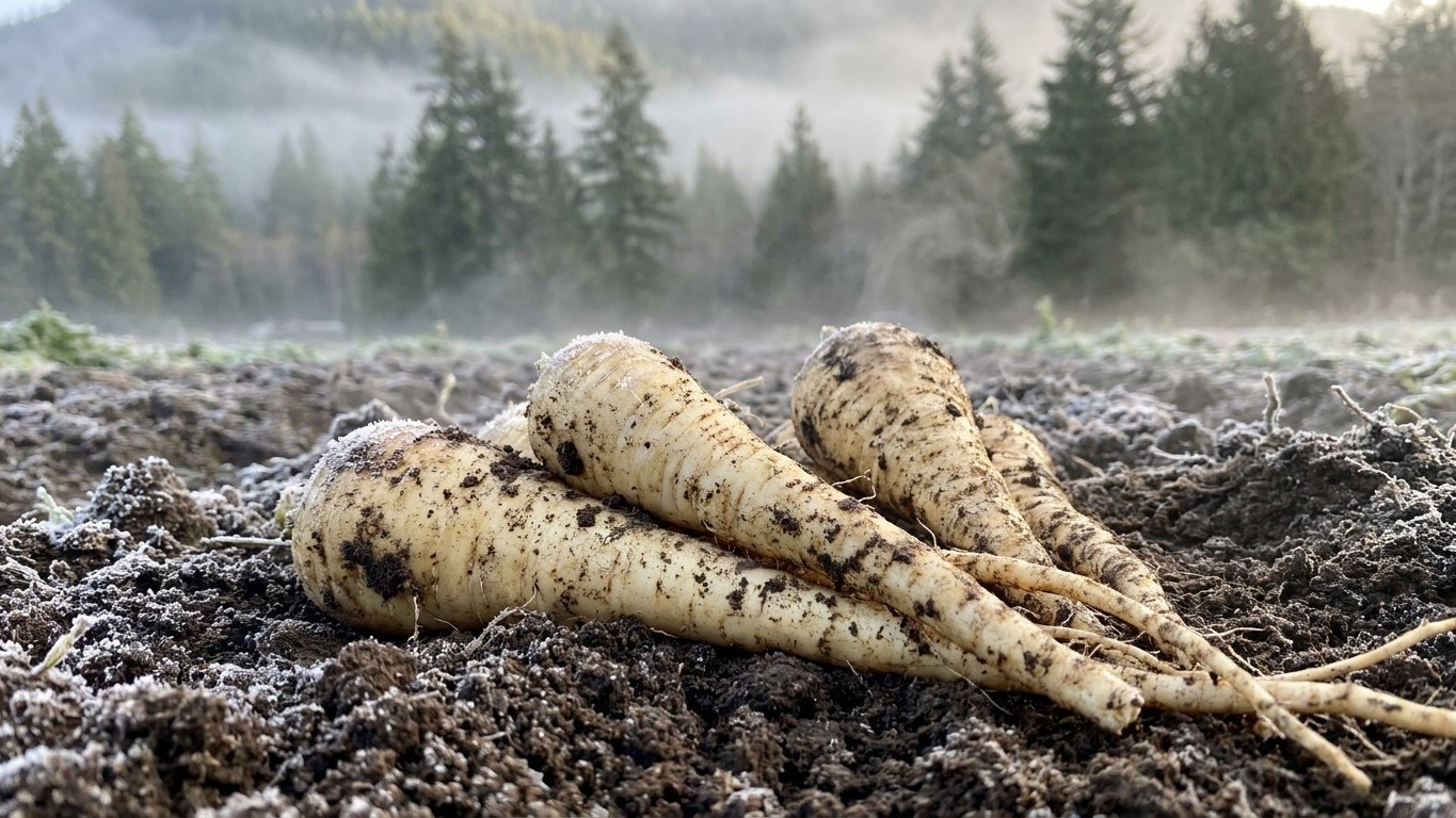 Three freshly harvested parsnips lying on dark garden soil with coniferous forest and mist in the background.