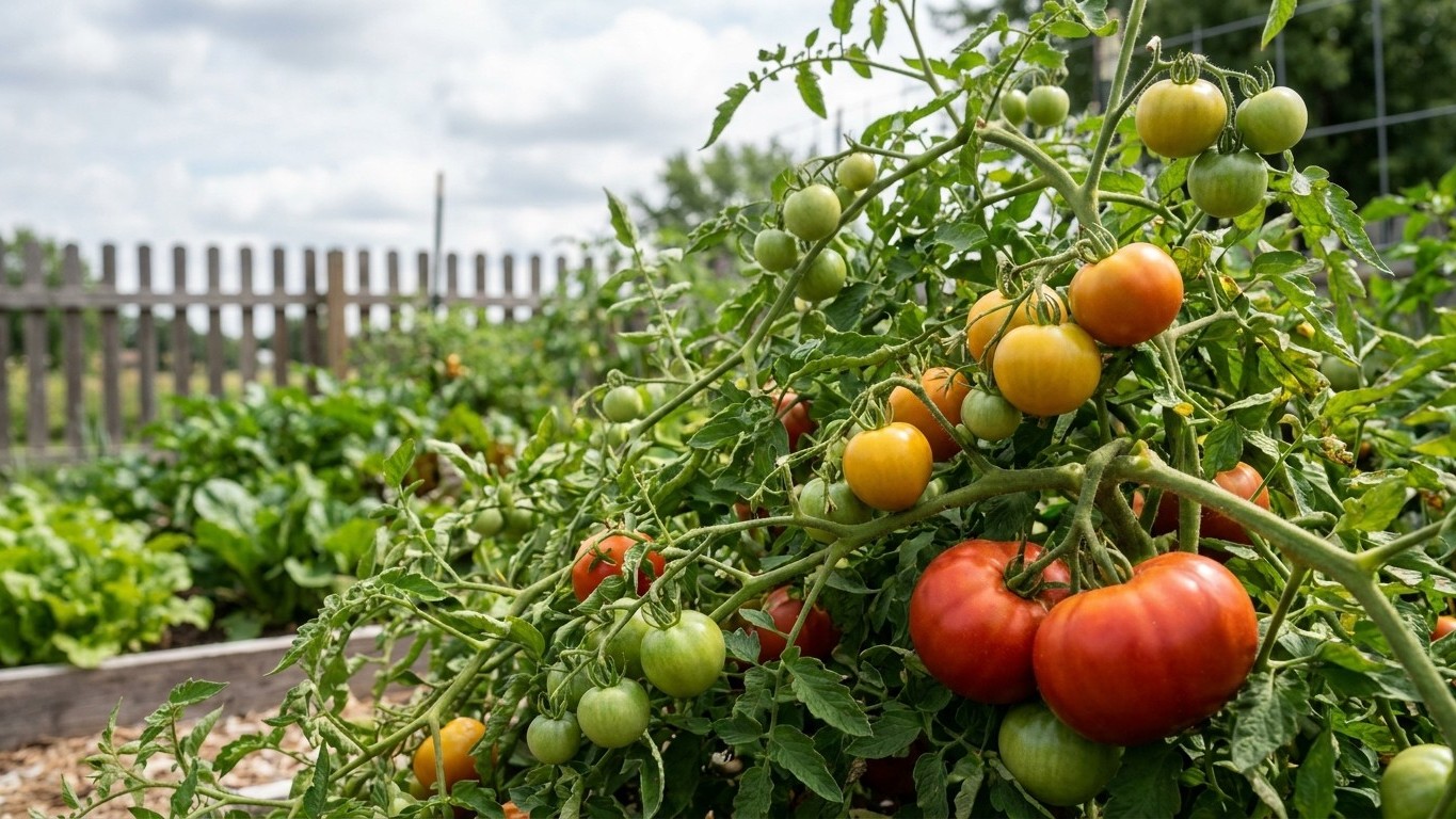 A thriving tomato plant displays clusters of ripening fruit in various stages of maturity, from green to red, in a sunny vegetable garden with a wooden fence visible in the background.
