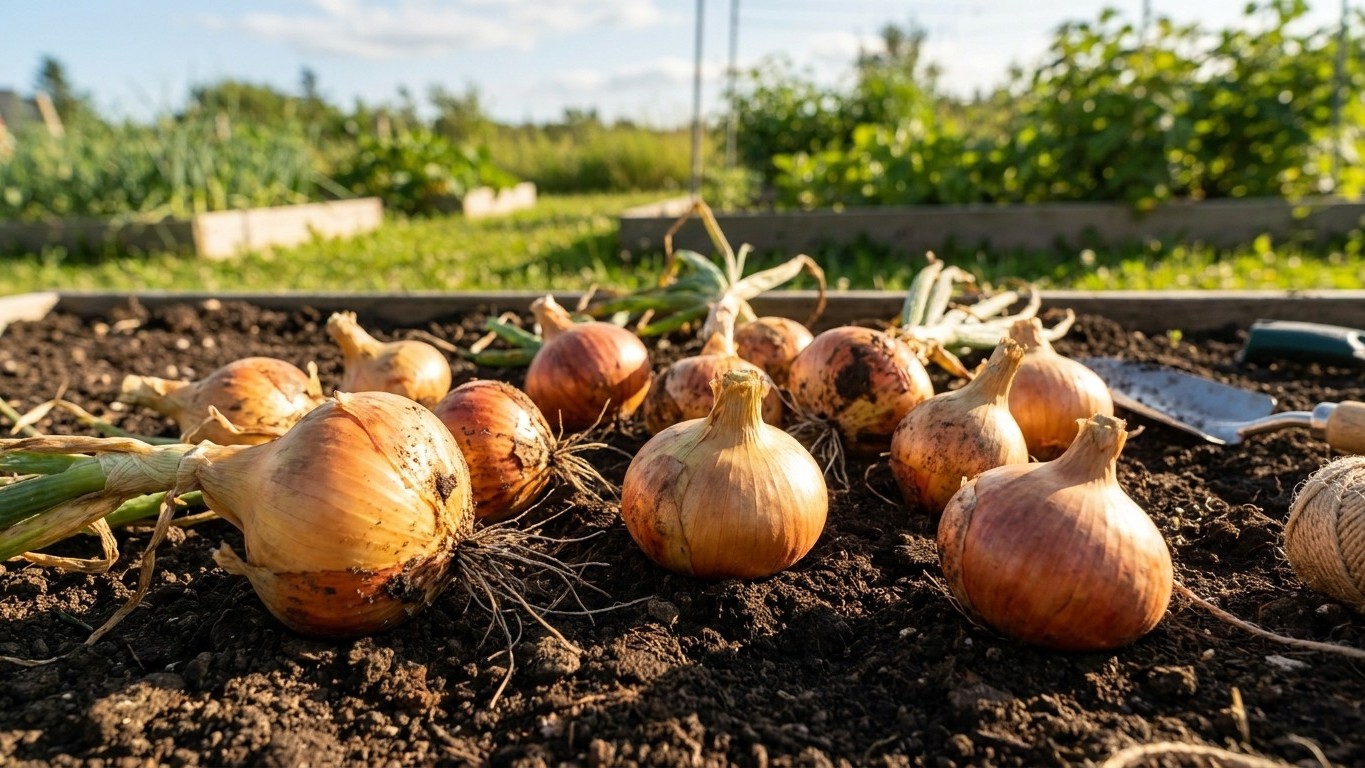 Freshly harvested golden onions with dried stems arranged on dark garden soil in a raised bed, with green foliage and blue sky visible in the background.