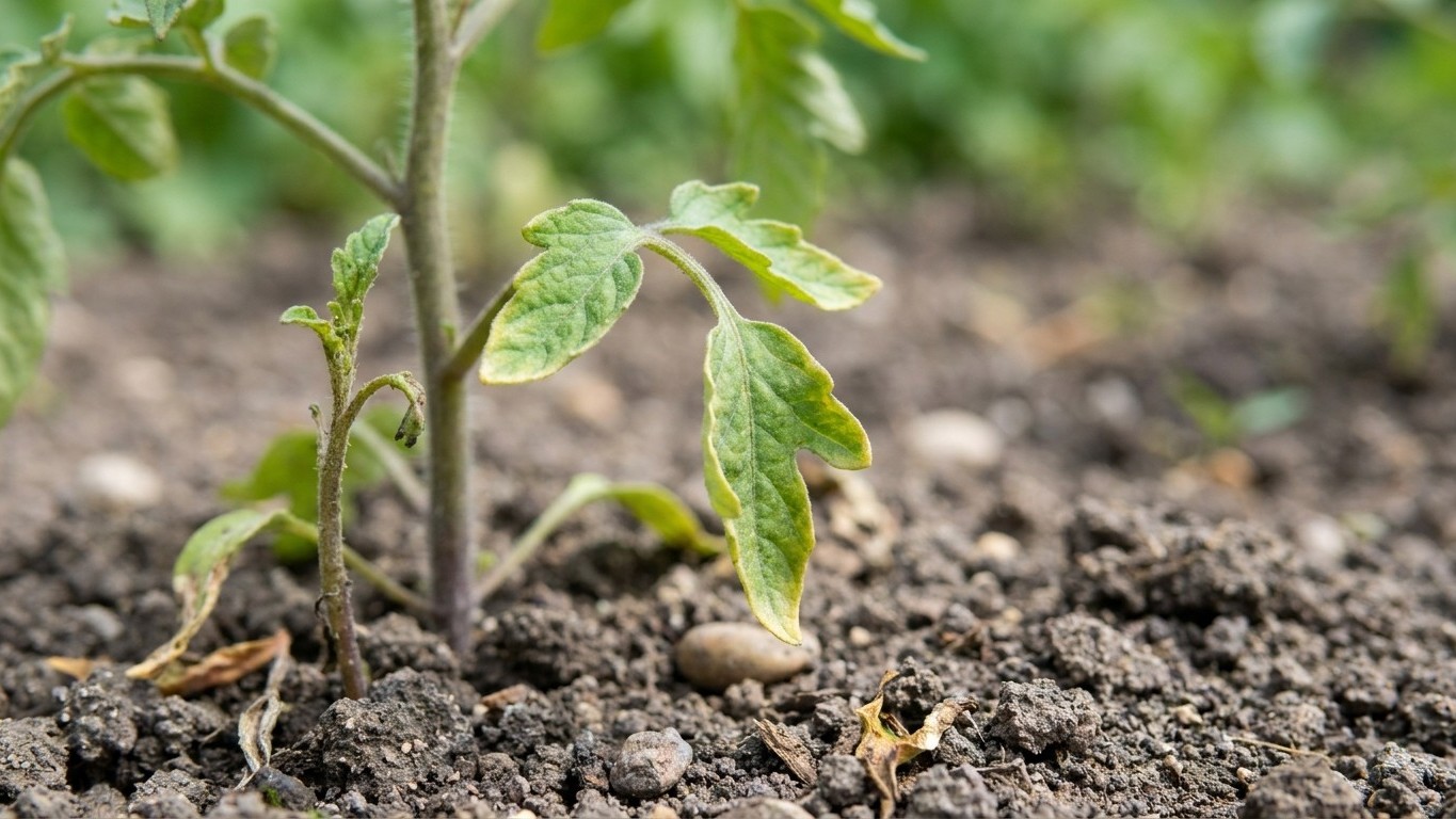 Young tomato seedlings with developing leaves are planted in freshly tilled garden soil.