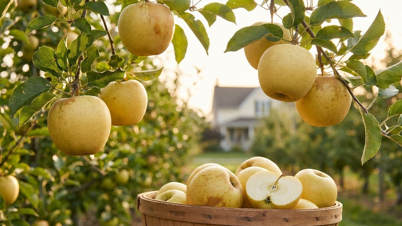 Fresh yellow apples hang from tree branches above a wooden basket filled with harvested fruit in a home orchard.