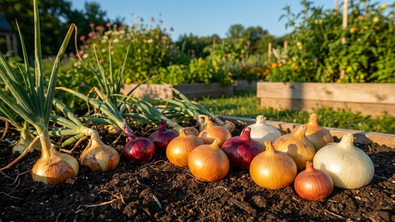 Fresh harvested onions with green tops still attached, arranged on dark garden soil with vegetable beds visible in the background.