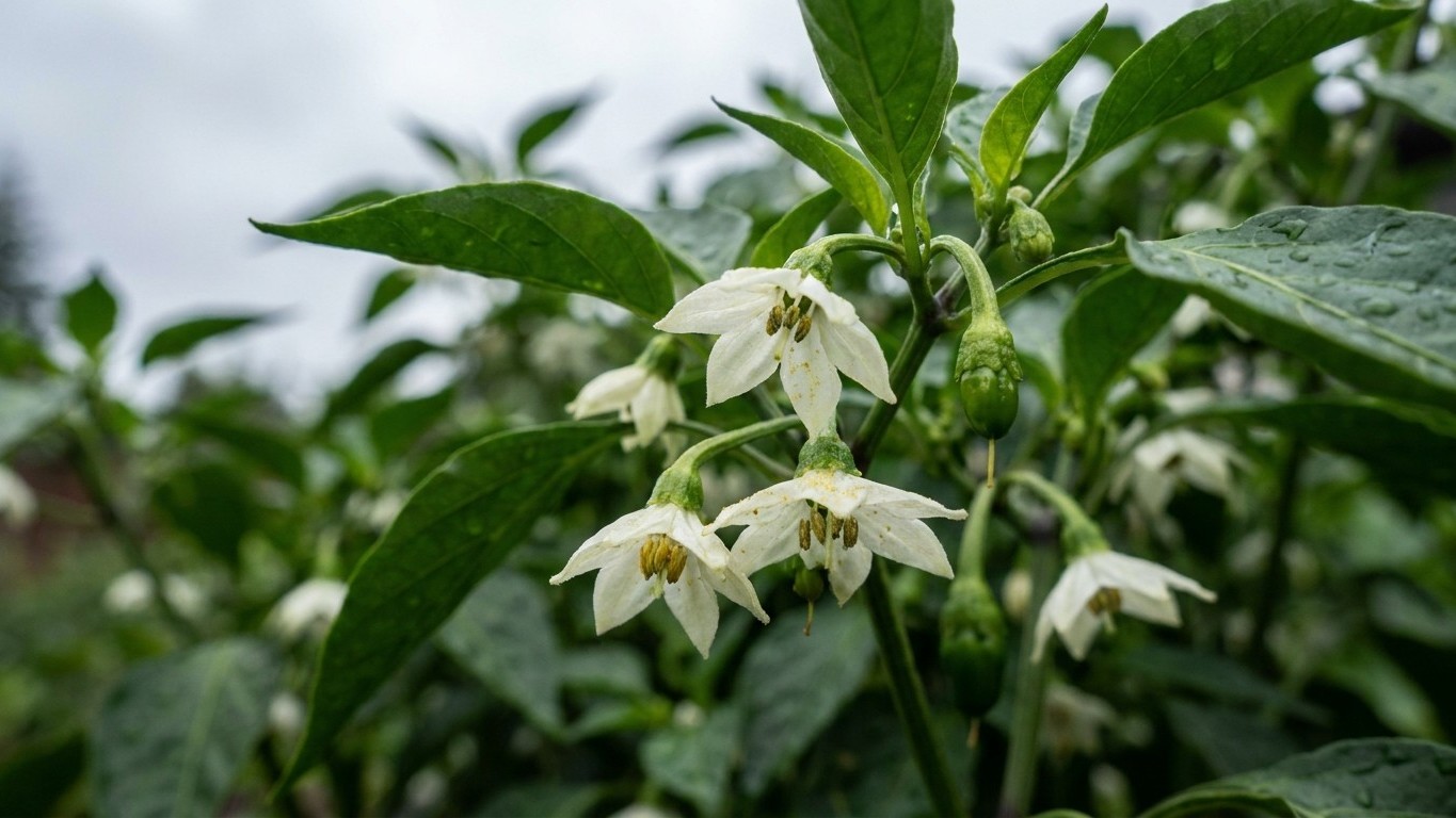 Potato plant in bloom showing clusters of delicate white flowers with yellow centers against green foliage.