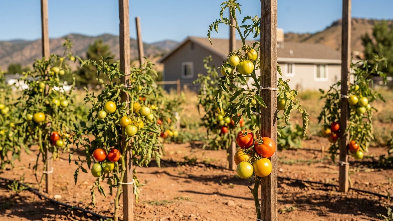 A productive home vegetable garden with staked tomato plants bearing ripe yellow and red fruit, with residential buildings visible in the background against rolling hills.