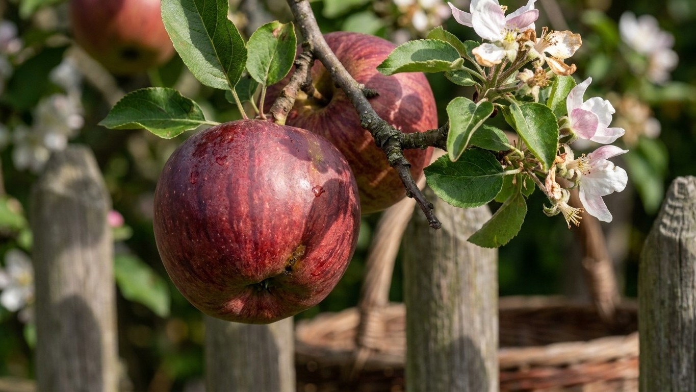 A mature red apple hangs on a branch with pink and white blossoms and green leaves, with a wooden fence visible in the soft-focused background.