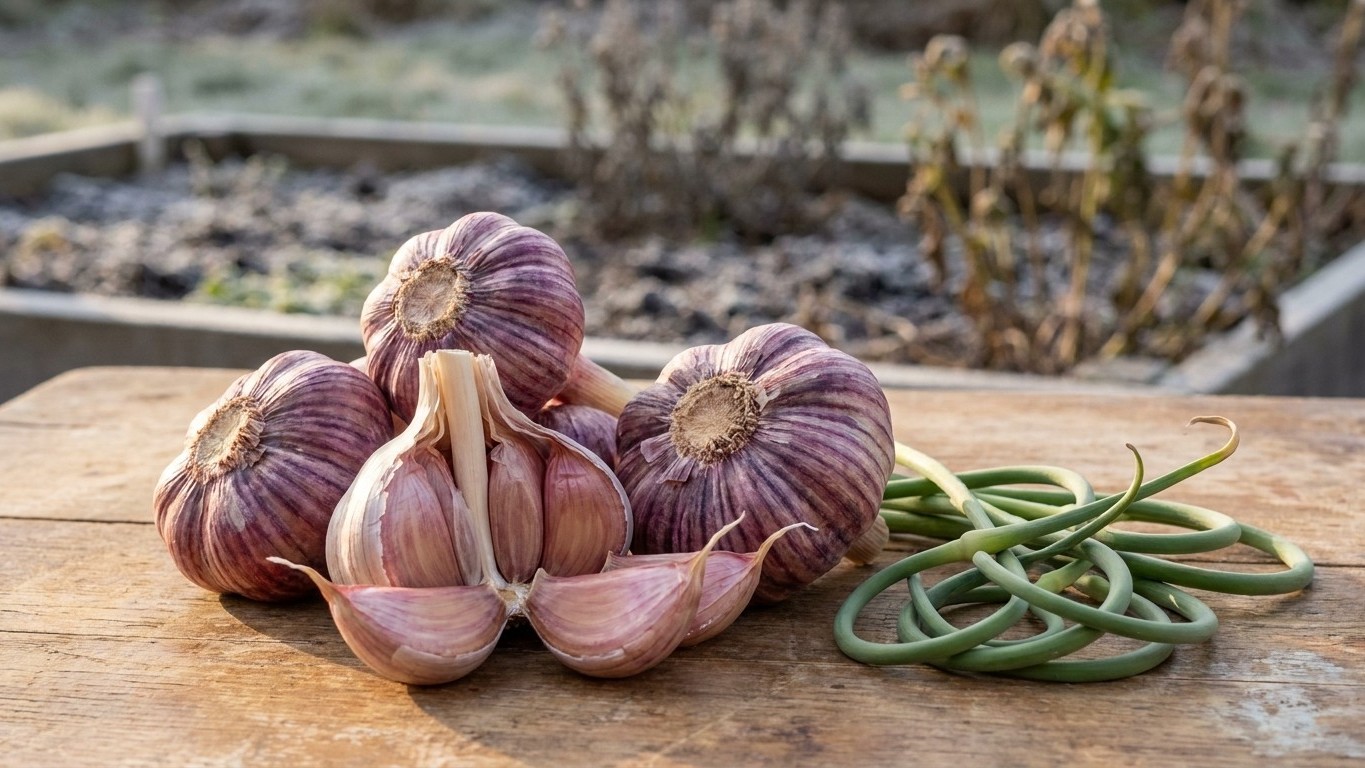 Fresh purple garlic bulbs and long green beans arranged on a wooden surface with a garden bed visible in the background.