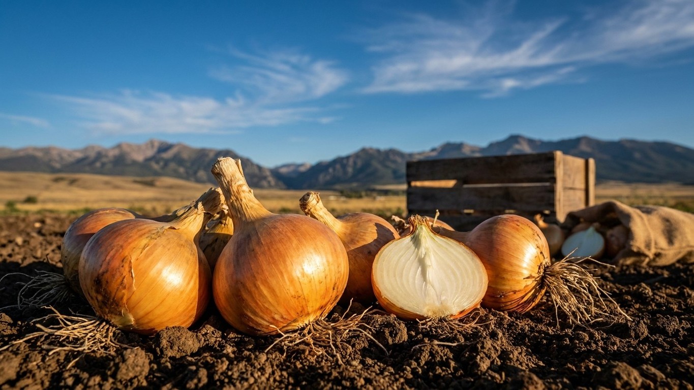 Golden and white onions freshly harvested and arranged on dark soil with a wooden farm truck and mountain range visible in the background under clear blue sky.