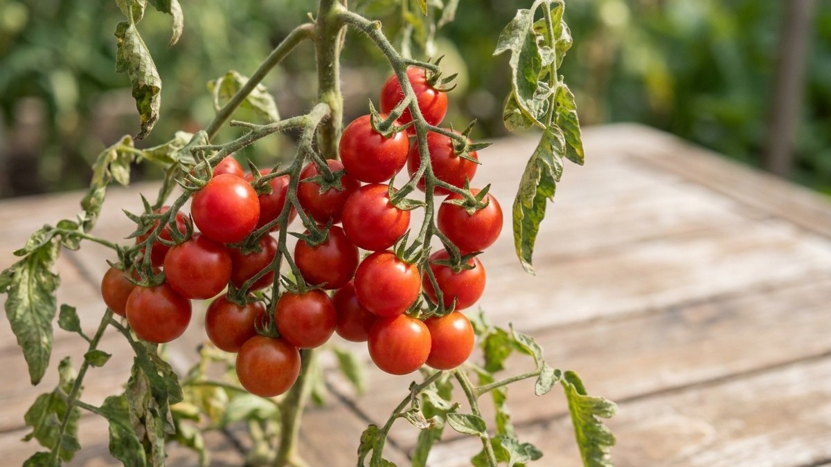 A cluster of ripe red tomatoes hanging from green vines in a sunny garden setting.