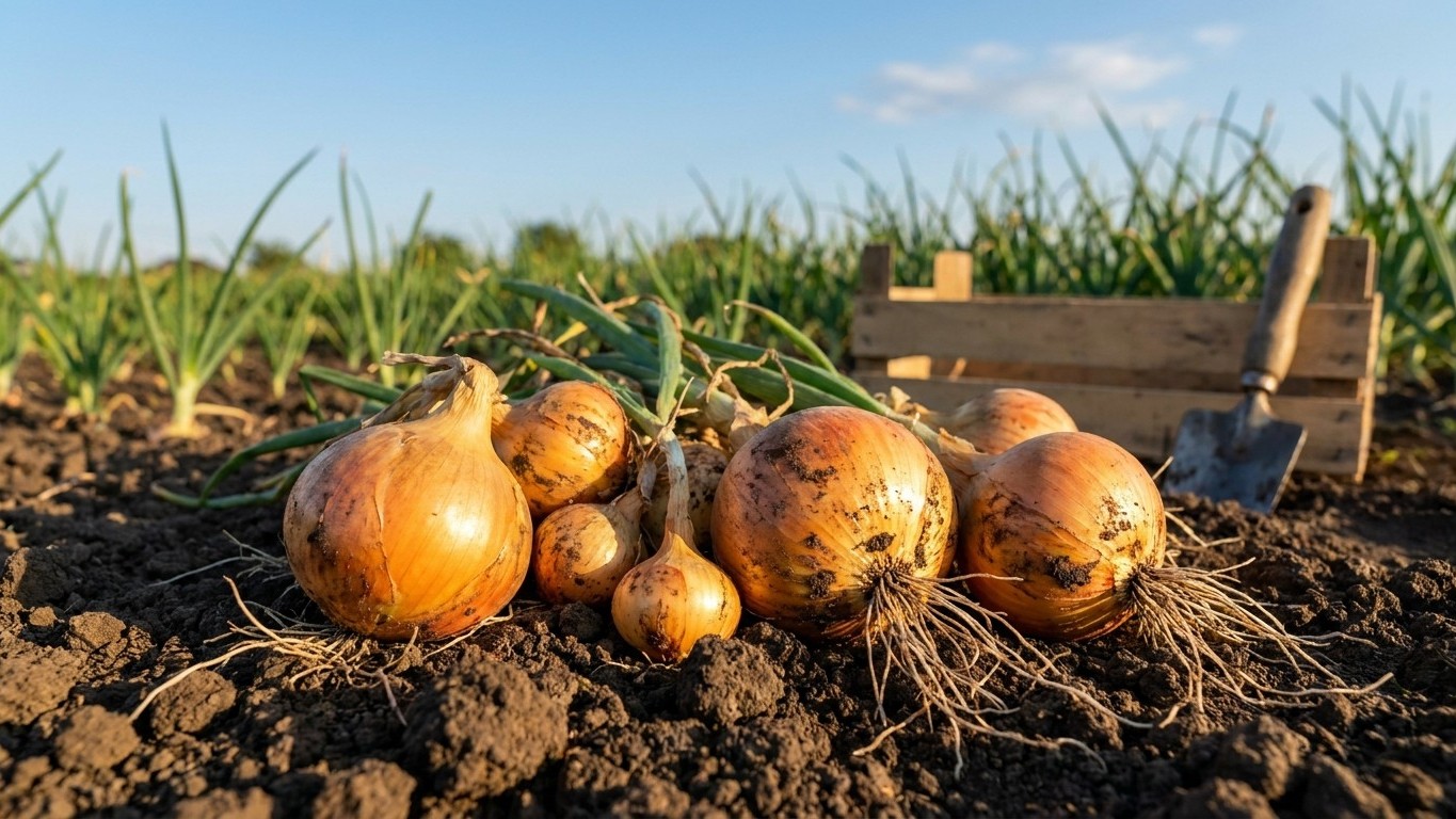 Golden onions freshly harvested from soil with roots attached, displayed in a vegetable garden with leek plants and farm tools visible in the background.