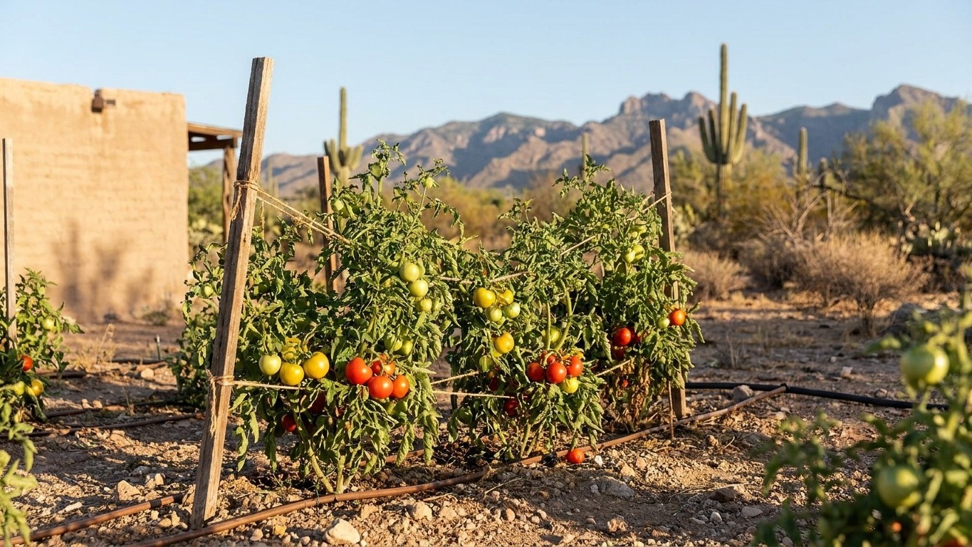 Ripe tomatoes grow on supported plants in a desert garden with saguaro cacti and adobe structures visible in the background.