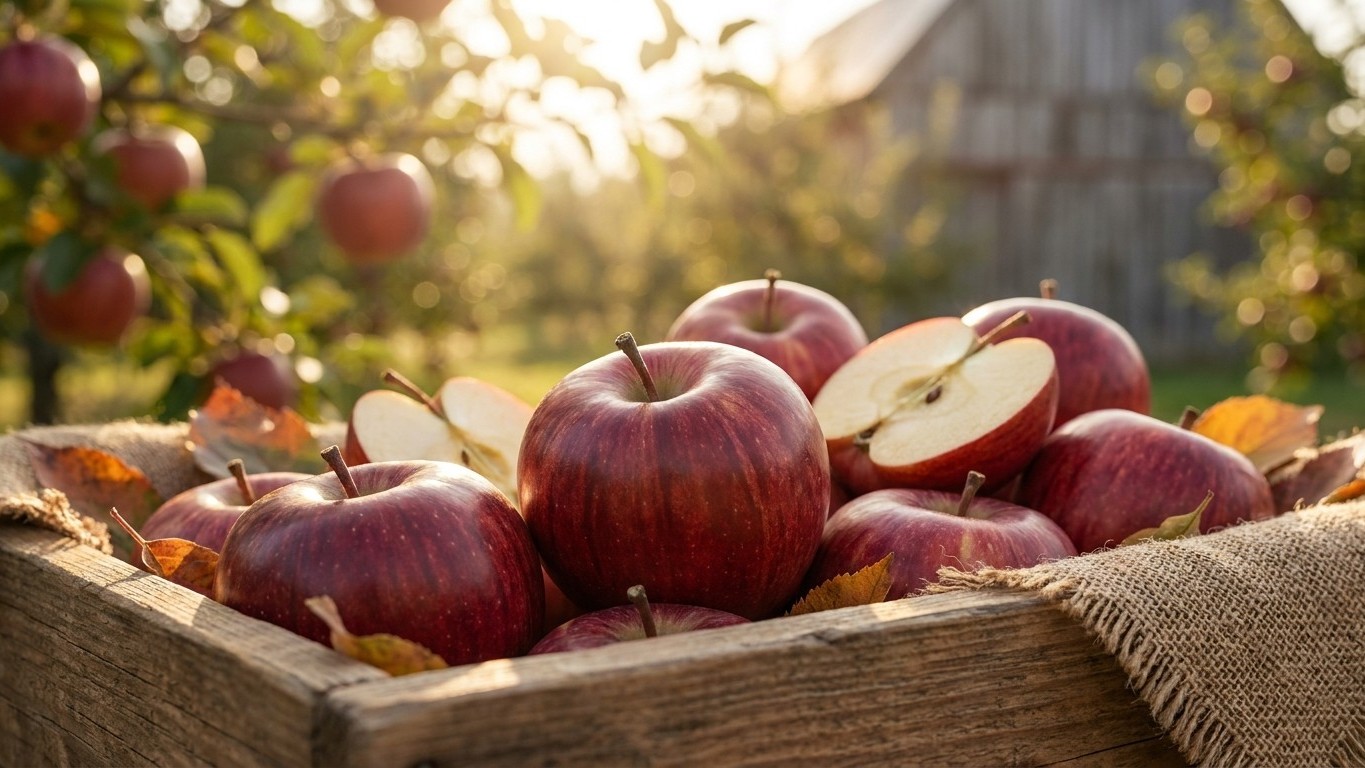 Fresh red apples harvested in a wooden crate with an orchard visible in the background during autumn.
