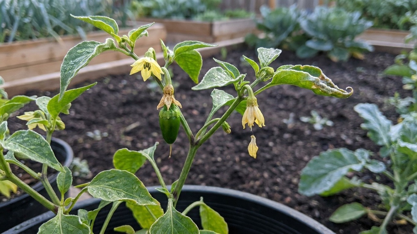 A potato plant in bloom displays yellow flowers and developing buds among green foliage in a vegetable garden with raised wooden beds.