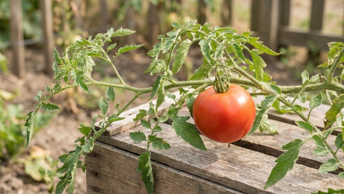 A vibrant red ripe tomato hangs from its vine in a wooden raised garden bed during summer.