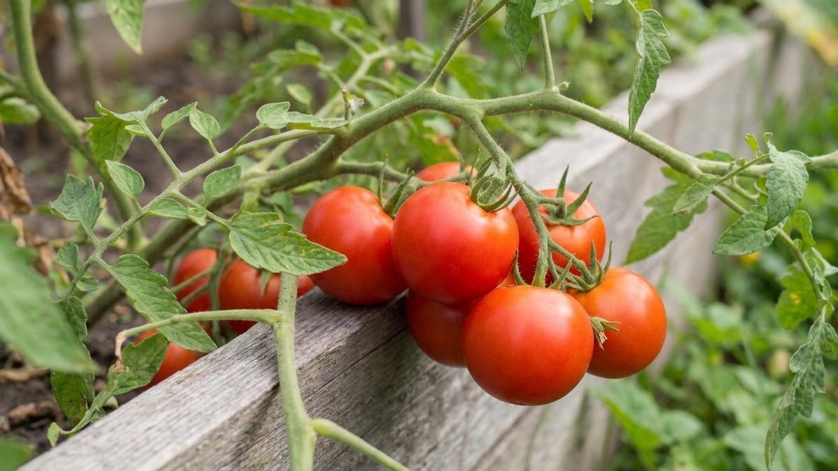 A cluster of ripe red tomatoes hangs from a green vine in a vegetable garden with a wooden support visible in the background.