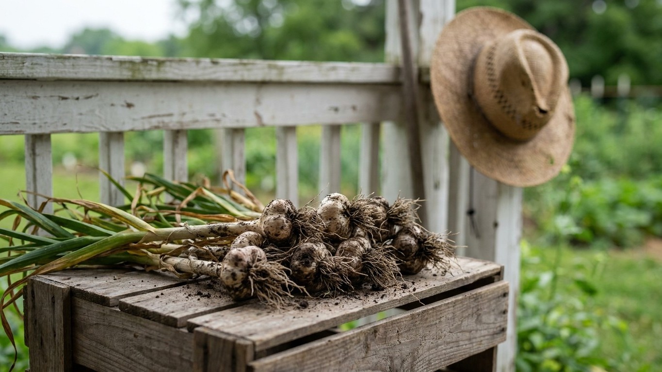 Freshly harvested garlic bulbs with soil and green stems rest on a wooden crate in a garden setting with a straw hat nearby.