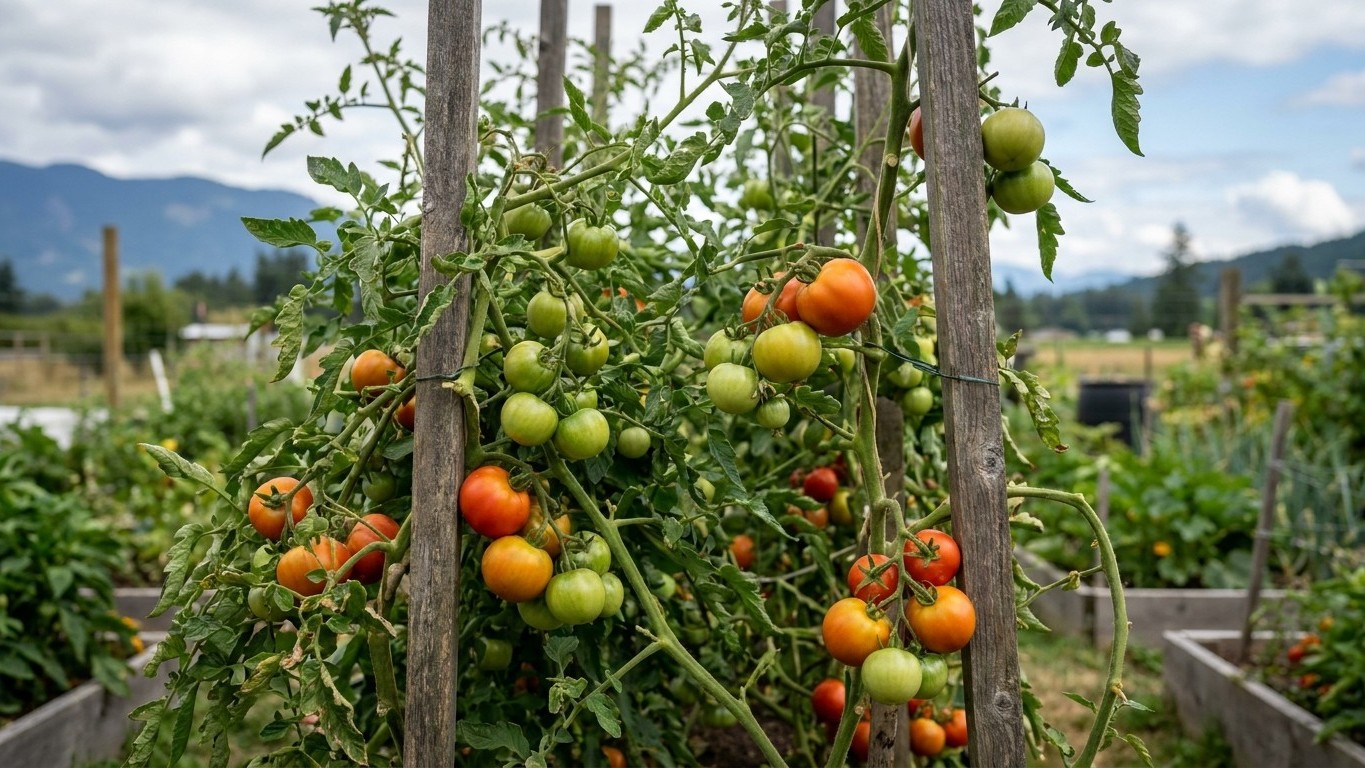 A vegetable garden with tomato plants at various stages of ripeness, staked with wooden poles and mountains visible in the background.