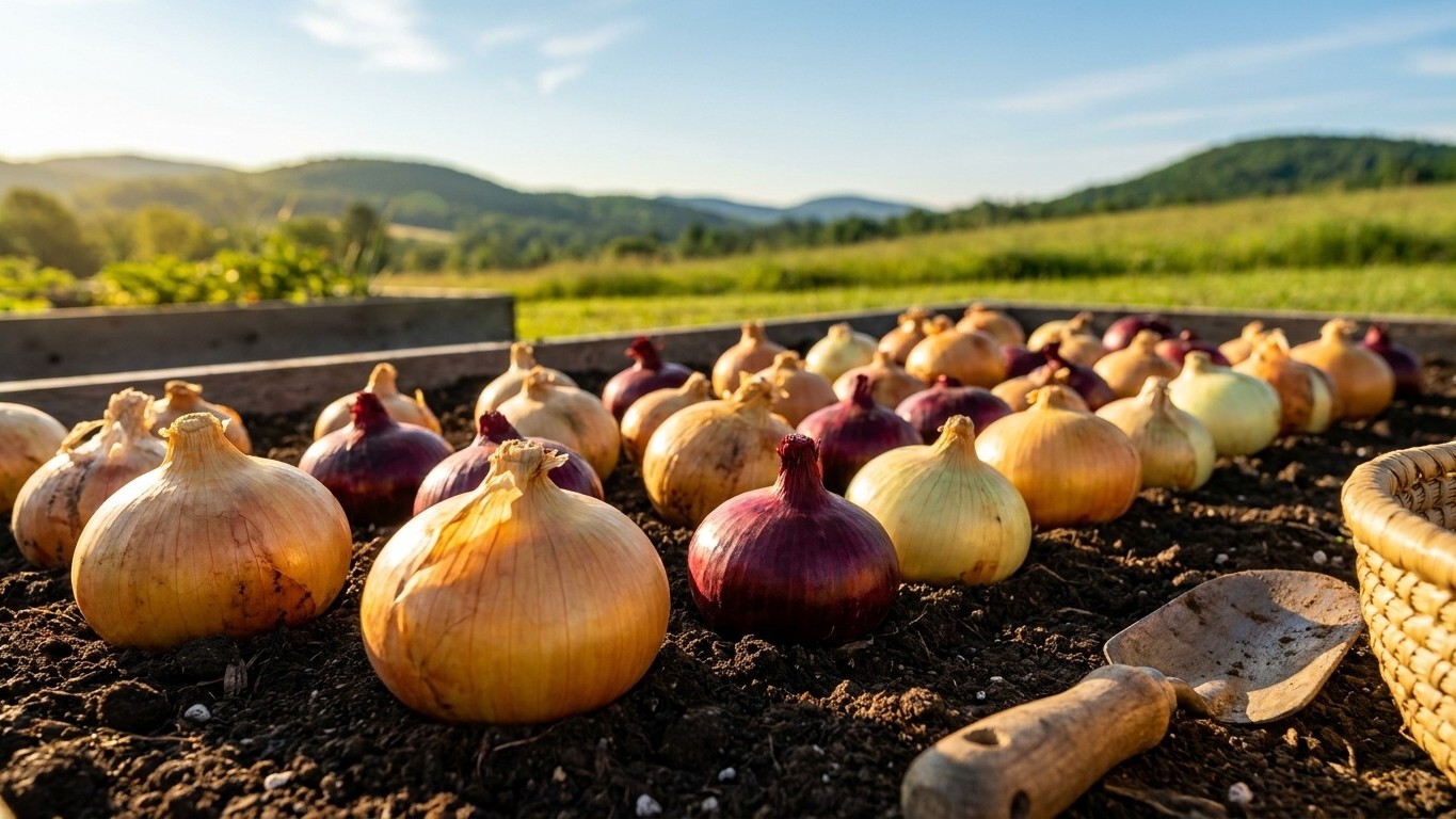 Freshly harvested onions of various colors arranged on dark soil in a vegetable garden with rolling mountains visible in the background.