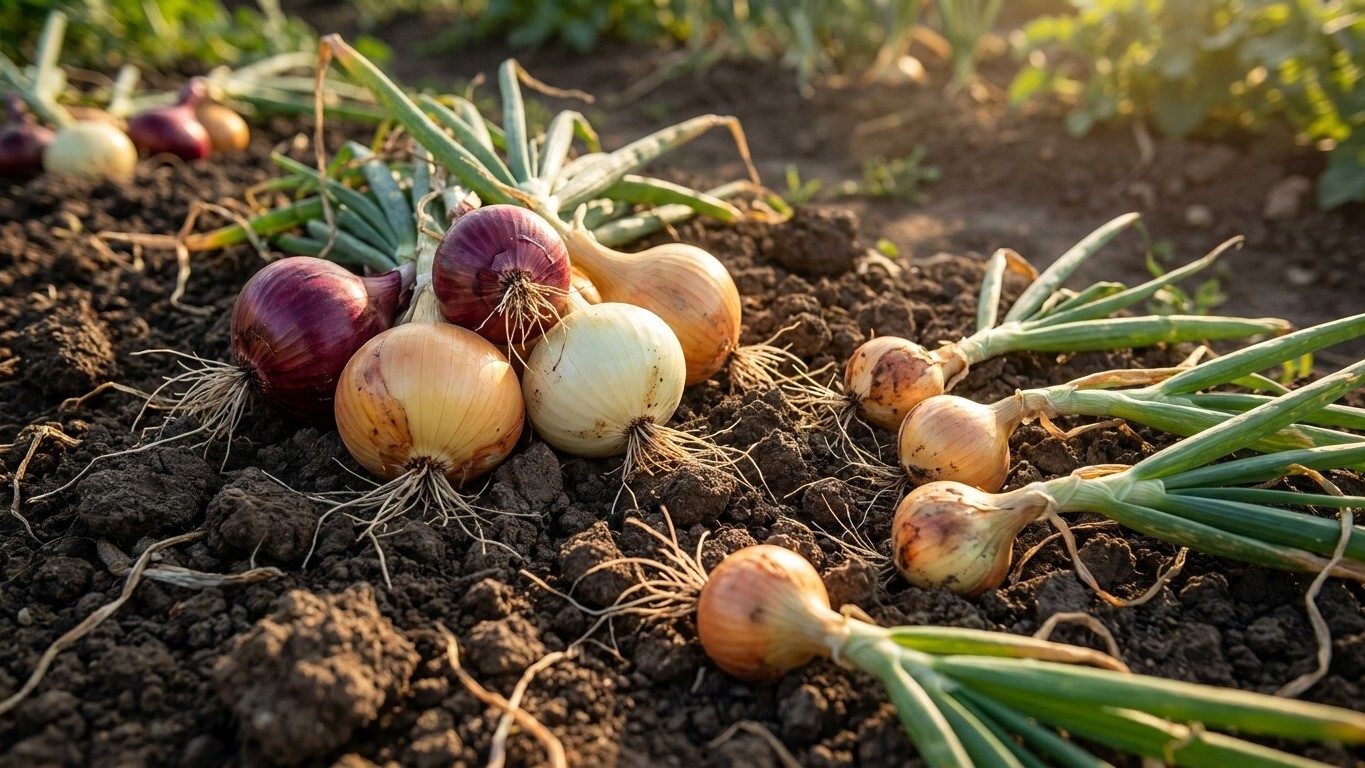 Freshly harvested onions of various colors lying on dark garden soil with their green tops still attached.