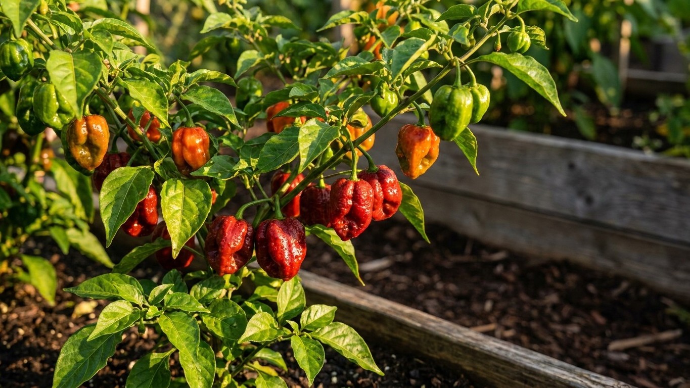 Mature red and orange bell peppers hang from a vibrant green plant in a raised garden bed during harvest season.