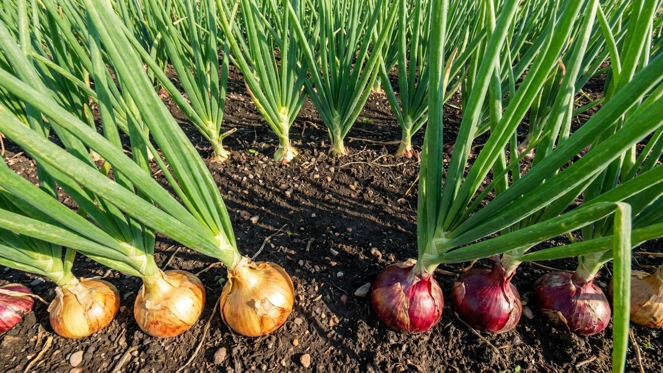 A row of harvested onions with green stalks still attached, arranged in dark garden soil.
