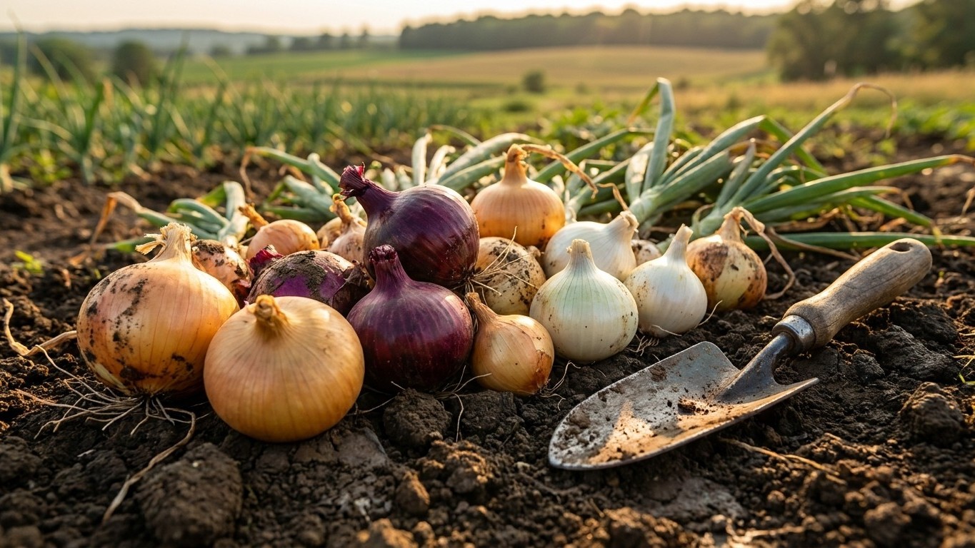 Freshly harvested onions in various colors arranged on dark garden soil with a metal trowel, with growing plants and farmland visible in the background.