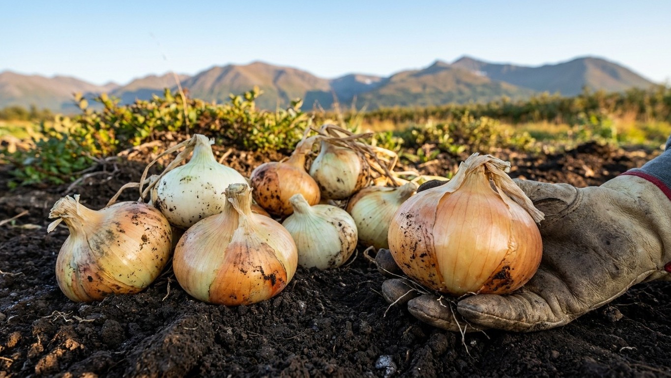 Freshly harvested onions lie on dark soil in a vegetable garden with mountains visible in the distance under clear sky.