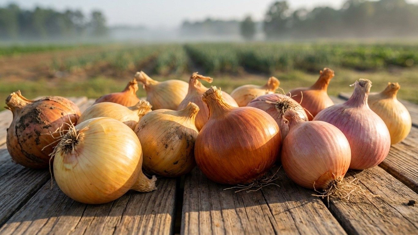 A collection of harvested onions in various stages of drying arranged on a wooden surface with an active vegetable field visible in the background.