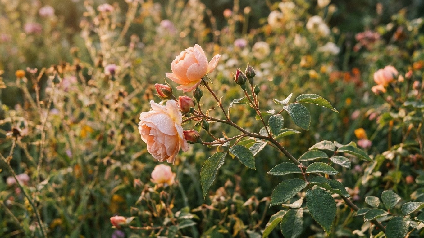 Delicate pink roses with buds and foliage in soft sunlight with a blurred garden background.