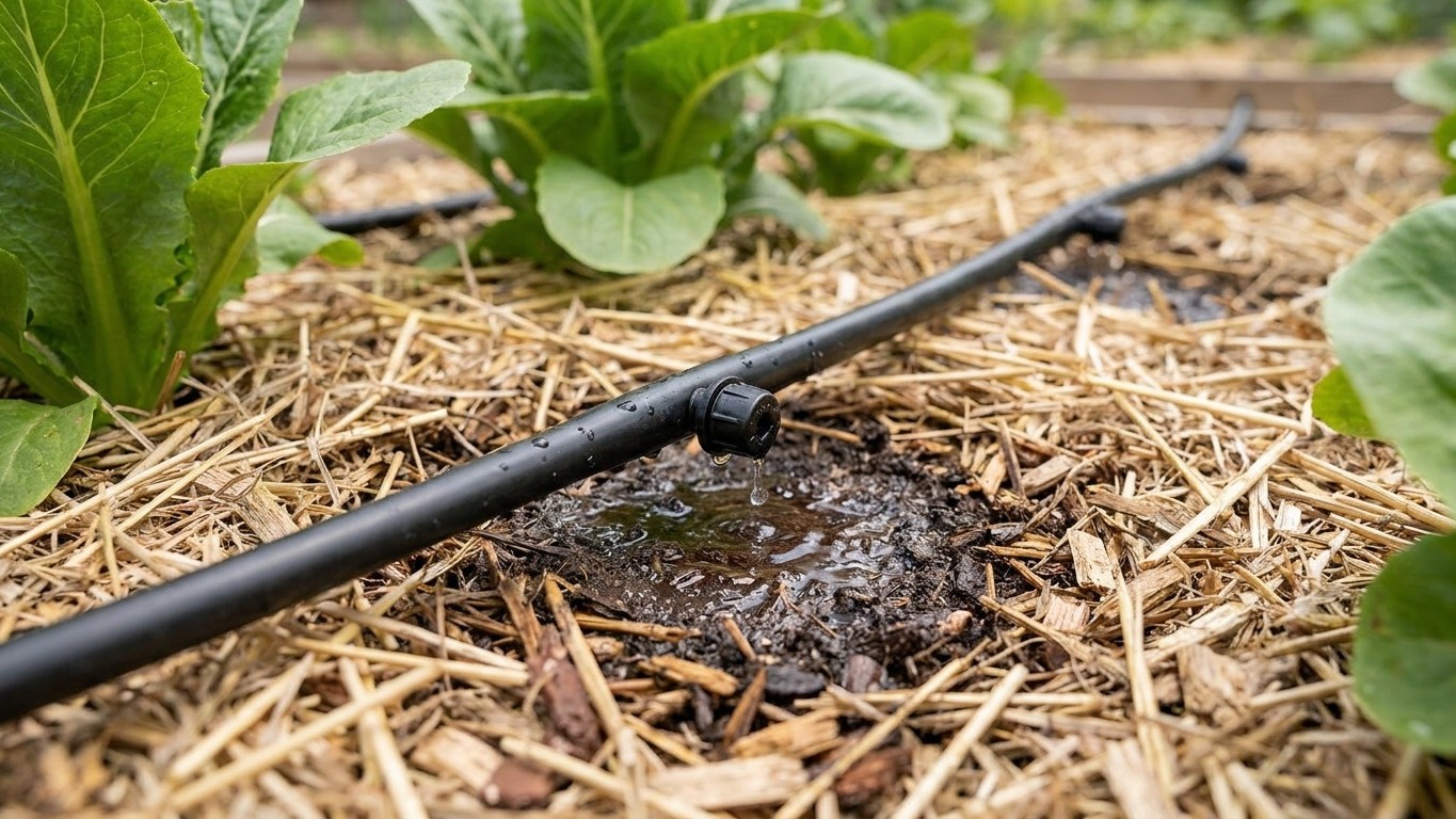 Black drip irrigation tubing waters a vegetable garden bed with young leafy green plants and mulch ground cover.