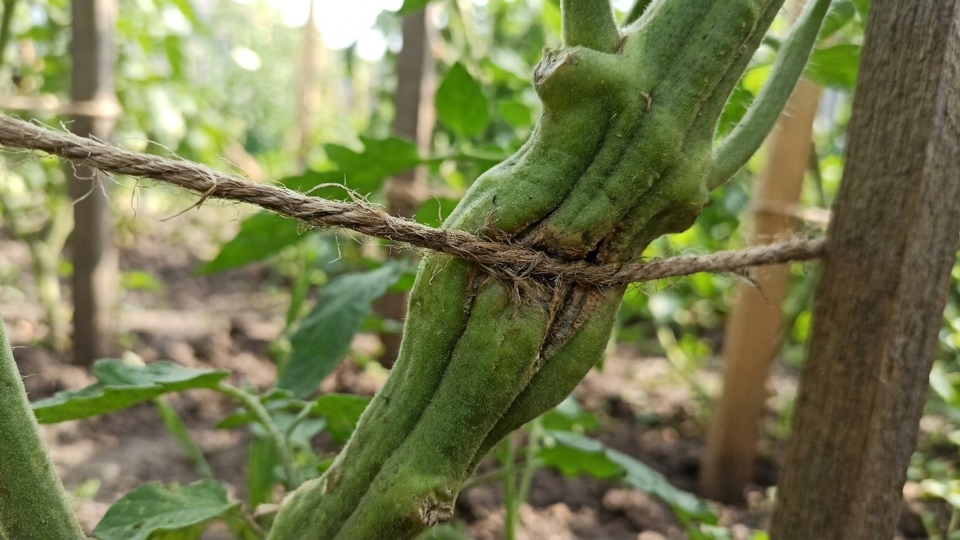 Close-up of green bean plants with developing pods tied to support twine in an active garden bed.