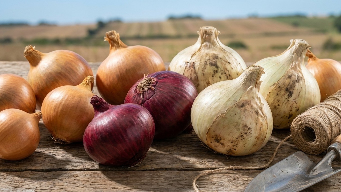 An assortment of fresh onions in various colors—golden, red, and white varieties—arranged on weathered wood with a cultivated field visible in the background.