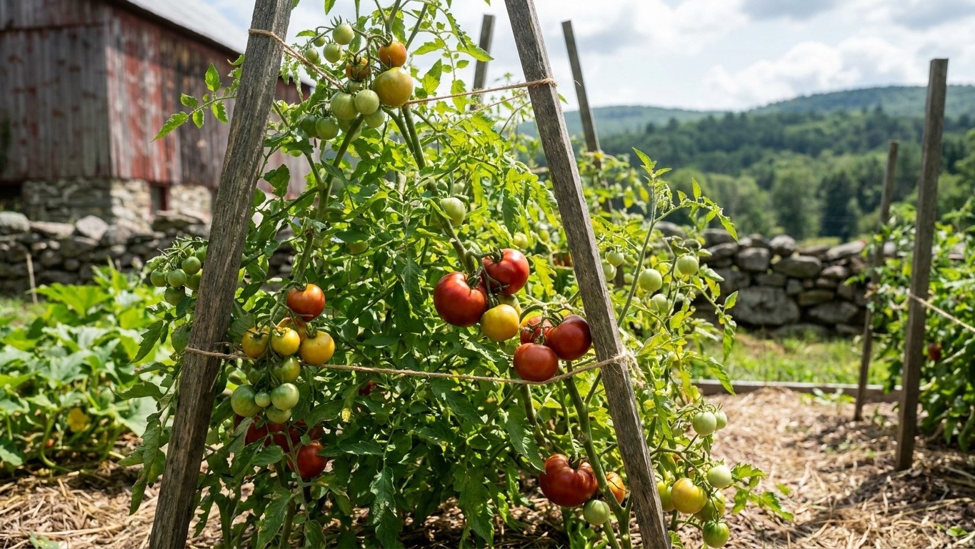 A productive vegetable garden with ripe tomatoes in various stages of ripeness growing on wooden trellises in a rural hillside setting.