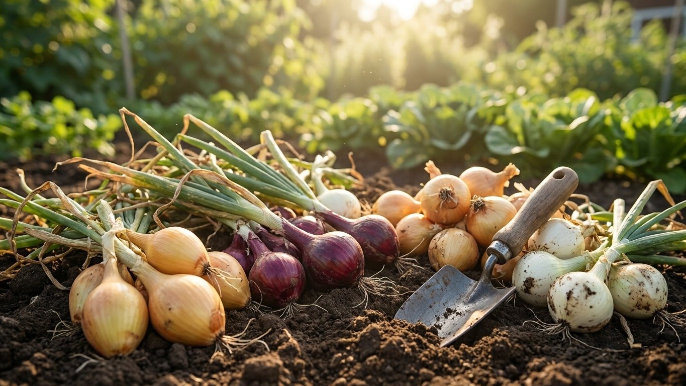 Freshly harvested yellow, red, and white onions with soil and a small shovel in a garden bed.
