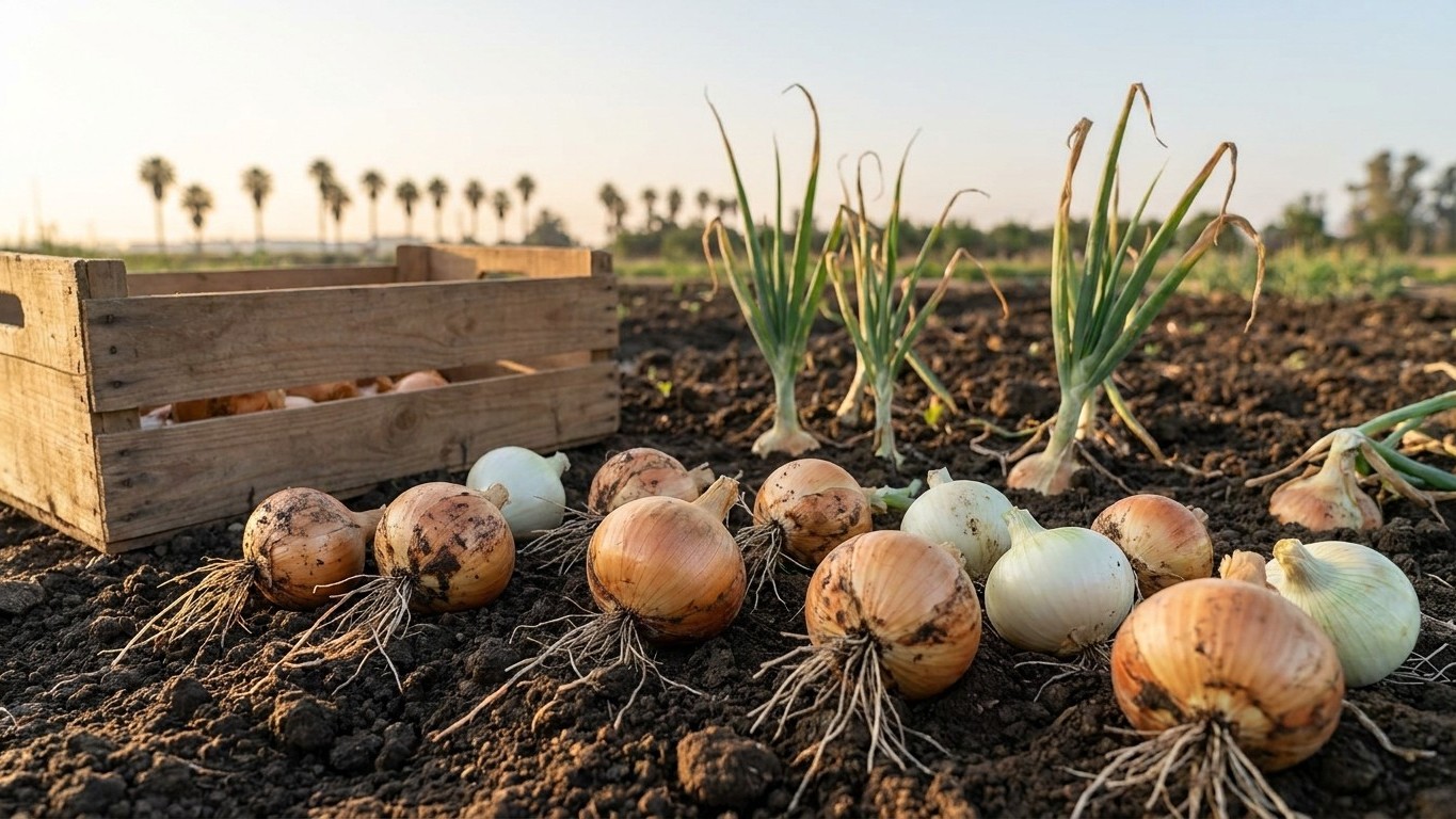 Freshly harvested onions with soil and roots displayed in front of a wooden crate in a field with onion plants growing in the background.